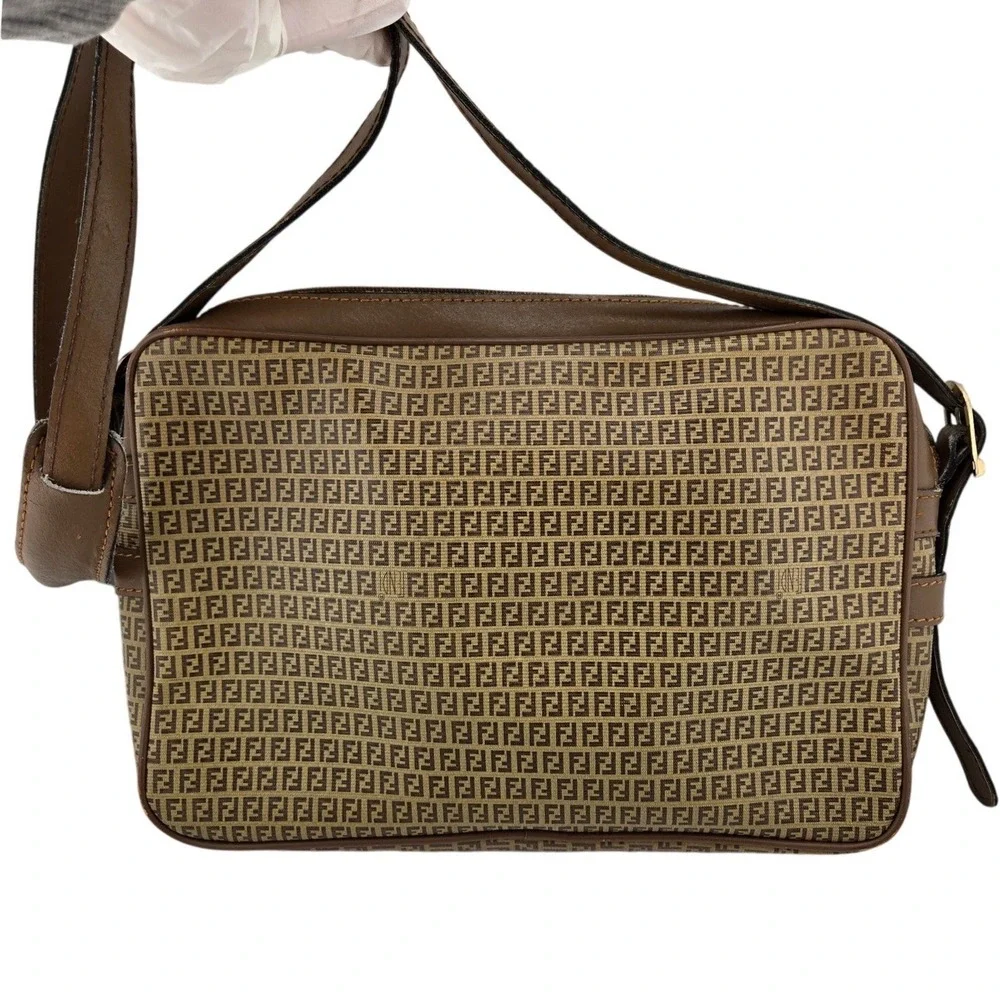 Fendi Vintage Zucca Monogram Crossbody Bag Brown Canvas Leather Camera Bag